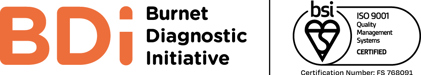 Burnet Diagnostics Initiative (BDI) logo with the ISO 9001 Quality Management Systems Certified logo. Certification Number: FS 768091