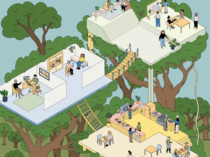 Illustration depicting communities of people talking, eating togeteher, watering plants and amid tree-top platforms.