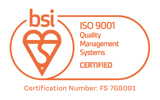 BSI certification reads: ISO 9001 Quality Management Systems CERTIFIED Certification Number FS 768091