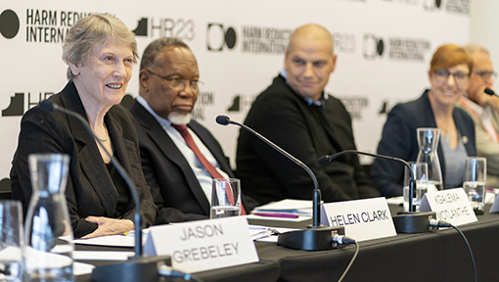 Image: GCDP Chair and former New Zealand Prime Minister Helen Clark at HR23. Credit: Conor Ashleigh/Harm Reduction International